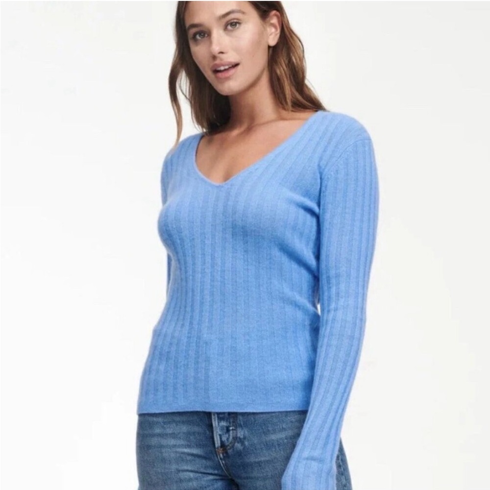 Naadam Cashmere Ribbed Knit V-Neck Long Sleeve Sweater Cornflower Blue XL